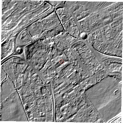 Shaded relief map of the ground around HP218FZ, computed from Environment Agency LiDAR. The ground here sits at about 75 m above sea level and falls 5 m across the surrounding 800 m. Surface water reaching this point runs off ground lying to the west-south-west, 1.0 m higher.