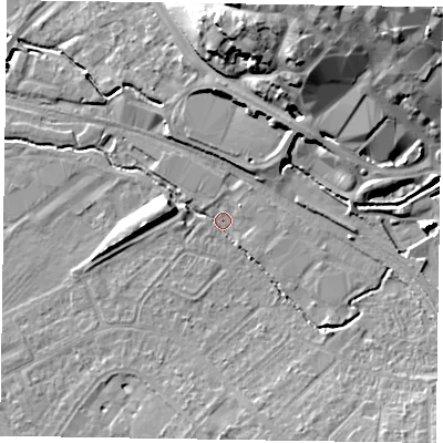 Shaded relief map of the ground around HP218HH, computed from Environment Agency LiDAR. The ground here sits at about 76 m above sea level and falls 18 m across the surrounding 800 m. Surface water reaching this point runs off ground lying to the north-east, 7.8 m higher.
