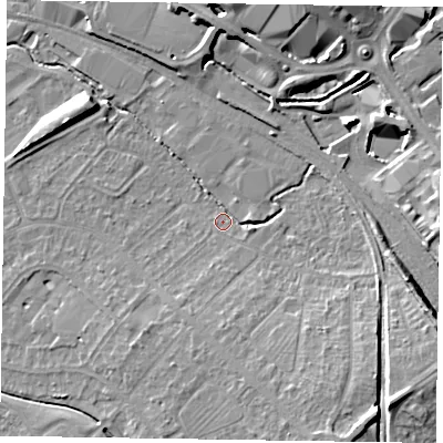 Shaded relief map of the ground around HP218HN, computed from Environment Agency LiDAR. The ground here sits at about 76 m above sea level and falls 11 m across the surrounding 800 m. Surface water reaching this point runs off ground lying to the south-east, 9.8 m higher.