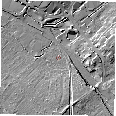 Shaded relief map of the ground around HP218HP, computed from Environment Agency LiDAR. The ground here sits at about 76 m above sea level and falls 11 m across the surrounding 800 m. Surface water reaching this point runs off ground lying to the south-south-east, 8.6 m higher.