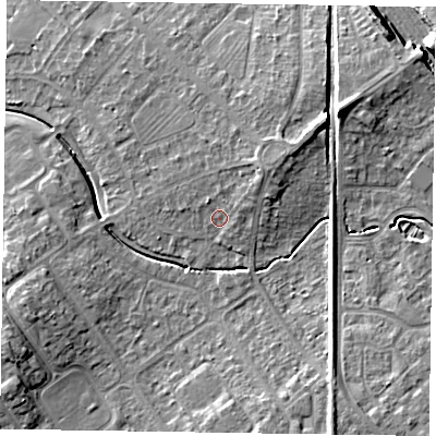 Shaded relief map of the ground around HP218JA, computed from Environment Agency LiDAR. The ground here sits at about 79 m above sea level and falls 10 m across the surrounding 800 m. Surface water reaching this point runs off ground lying to the north-east, 3.3 m higher.