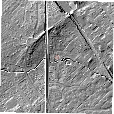 Shaded relief map of the ground around HP218JL, computed from Environment Agency LiDAR. The ground here sits at about 79 m above sea level and falls 9 m across the surrounding 800 m. Surface water reaching this point runs off ground lying to the south, 5.4 m higher.