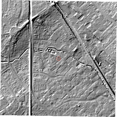 Shaded relief map of the ground around HP218JP, computed from Environment Agency LiDAR. The ground here sits at about 80 m above sea level and falls 11 m across the surrounding 800 m. Surface water reaching this point runs off ground lying to the south-east, 5.5 m higher.