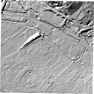 Shaded relief map of the ground around HP218JU, computed from Environment Agency LiDAR. The ground here sits at about 76 m above sea level and falls 17 m across the surrounding 800 m. Surface water reaching this point runs off ground lying to the south-south-west, 0.8 m higher.