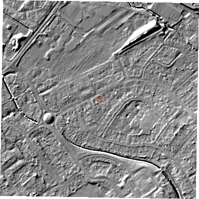Shaded relief map of the ground around HP218LD, computed from Environment Agency LiDAR. The ground here sits at about 75 m above sea level and falls 8 m across the surrounding 800 m. Surface water reaching this point runs off ground lying to the east, 1.2 m higher.