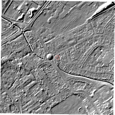 Shaded relief map of the ground around HP218LE, computed from Environment Agency LiDAR. The ground here sits at about 75 m above sea level and falls 8 m across the surrounding 800 m. Surface water reaching this point runs off ground lying to the east, 3.7 m higher.