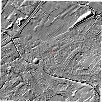 Shaded relief map of the ground around HP218LF, computed from Environment Agency LiDAR. The ground here sits at about 75 m above sea level and falls 8 m across the surrounding 800 m. Surface water reaching this point runs off ground lying to the east, 1.7 m higher.