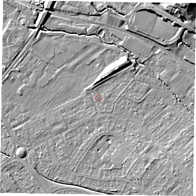 Shaded relief map of the ground around HP218LG, computed from Environment Agency LiDAR. The ground here sits at about 76 m above sea level and falls 16 m across the surrounding 800 m. Surface water reaching this point runs off ground lying to the north-north-east, 5.6 m higher.