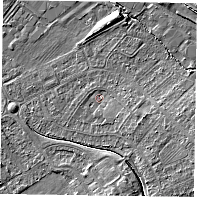 Shaded relief map of the ground around HP218LJ, computed from Environment Agency LiDAR. The ground here sits at about 76 m above sea level and falls 7 m across the surrounding 800 m. Surface water reaching this point runs off ground lying to the east-south-east, 3.4 m higher.