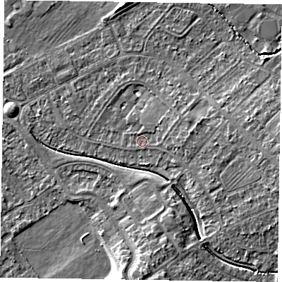 Shaded relief map of the ground around HP218LL, computed from Environment Agency LiDAR. The ground here sits at about 76 m above sea level and falls 7 m across the surrounding 800 m. Surface water reaching this point runs off ground lying to the east, 3.0 m higher.