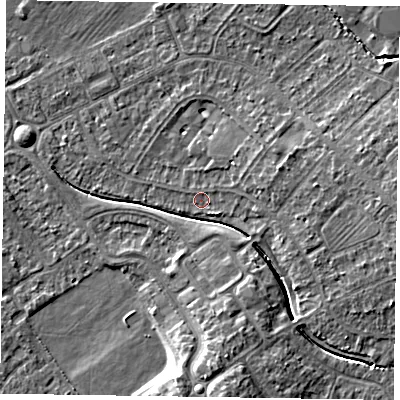 Shaded relief map of the ground around HP218LN, computed from Environment Agency LiDAR. The ground here sits at about 76 m above sea level and falls 8 m across the surrounding 800 m. Surface water reaching this point runs off ground lying to the east-north-east, 3.1 m higher.