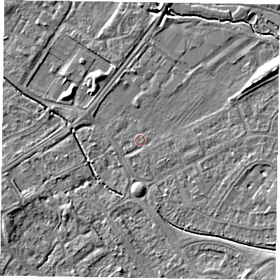 Shaded relief map of the ground around HP218LT, computed from Environment Agency LiDAR. The ground here sits at about 75 m above sea level and falls 8 m across the surrounding 800 m. Surface water reaching this point runs off ground lying to the south, 0.7 m higher.