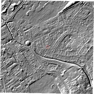 Shaded relief map of the ground around HP218LW, computed from Environment Agency LiDAR. The ground here sits at about 75 m above sea level and falls 8 m across the surrounding 800 m. Surface water reaching this point runs off ground lying to the east-north-east, 1.3 m higher.