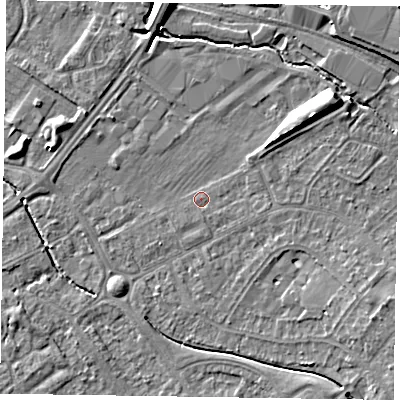 Shaded relief map of the ground around HP218LY, computed from Environment Agency LiDAR. The ground here sits at about 75 m above sea level and falls 8 m across the surrounding 800 m. Surface water reaching this point runs off ground lying to the north-east, 6.1 m higher.