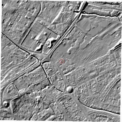 Shaded relief map of the ground around HP218LZ, computed from Environment Agency LiDAR. The ground here sits at about 75 m above sea level and falls 8 m across the surrounding 800 m. Surface water reaching this point runs off ground lying to the north-north-east, 7.5 m higher.