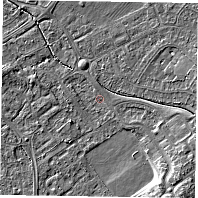 Shaded relief map of the ground around HP218NA, computed from Environment Agency LiDAR. The ground here sits at about 75 m above sea level and falls 9 m across the surrounding 800 m. Surface water reaching this point runs off ground lying to the south-east, 6.9 m higher.