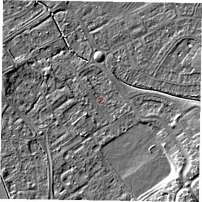 Shaded relief map of the ground around HP218NB, computed from Environment Agency LiDAR. The ground here sits at about 75 m above sea level and falls 10 m across the surrounding 800 m. Surface water reaching this point runs off ground lying to the south-east, 6.9 m higher.