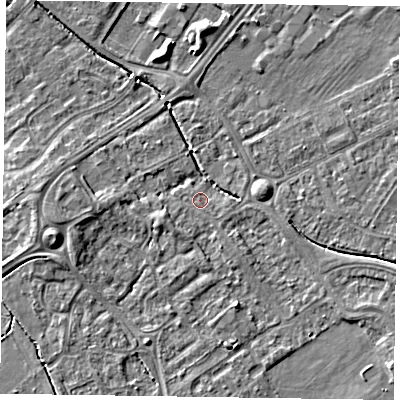 Shaded relief map of the ground around HP218ND, computed from Environment Agency LiDAR. The ground here sits at about 75 m above sea level and falls 5 m across the surrounding 800 m. Surface water reaching this point runs off ground lying to the east, 1.9 m higher.