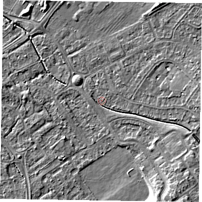 Shaded relief map of the ground around HP218NU, computed from Environment Agency LiDAR. The ground here sits at about 75 m above sea level and falls 8 m across the surrounding 800 m. Surface water reaching this point runs off ground lying to the east-south-east, 4.6 m higher.