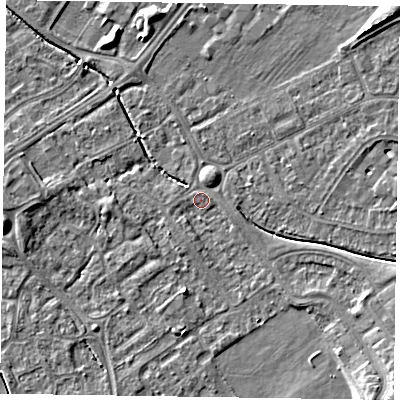 Shaded relief map of the ground around HP218NX, computed from Environment Agency LiDAR. The ground here sits at about 75 m above sea level and falls 7 m across the surrounding 800 m. Surface water reaching this point runs off ground lying to the south-west, 1.0 m higher.
