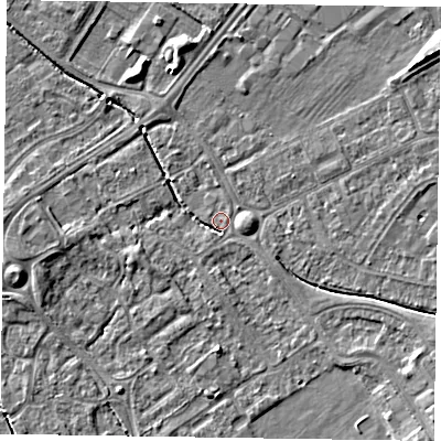 Shaded relief map of the ground around HP218NY, computed from Environment Agency LiDAR. The ground here sits at about 75 m above sea level and falls 6 m across the surrounding 800 m. Surface water reaching this point runs off ground lying to the east-south-east, 3.0 m higher.