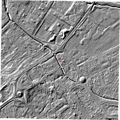 Shaded relief map of the ground around HP218NZ, computed from Environment Agency LiDAR. The ground here sits at about 75 m above sea level and falls 5 m across the surrounding 800 m. Surface water reaching this point runs off ground lying to the south-west, 4.0 m higher.