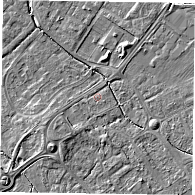 Shaded relief map of the ground around HP218PA, computed from Environment Agency LiDAR. The ground here sits at about 75 m above sea level and falls 6 m across the surrounding 800 m. Surface water reaching this point runs off ground lying to the south-west, 4.0 m higher.