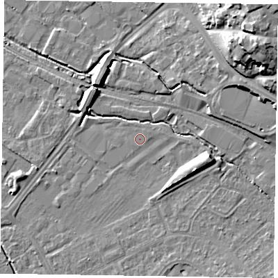 Shaded relief map of the ground around HP218PB, computed from Environment Agency LiDAR. The ground here sits at about 75 m above sea level and falls 20 m across the surrounding 800 m. The ground contributing surface water to this point lies to the north-north-east.