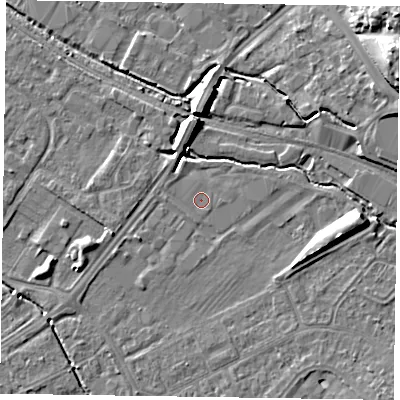 Shaded relief map of the ground around HP218PD, computed from Environment Agency LiDAR. The ground here sits at about 75 m above sea level and falls 17 m across the surrounding 800 m. Surface water reaching this point runs off ground lying to the north-west, 1.0 m higher.