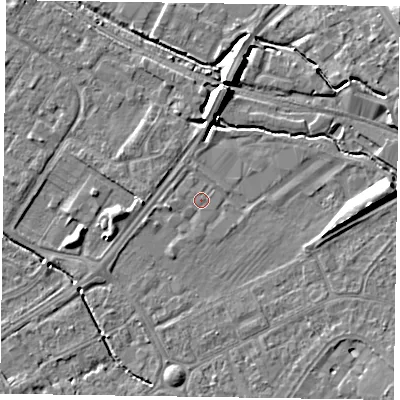 Shaded relief map of the ground around HP218PE, computed from Environment Agency LiDAR. The ground here sits at about 75 m above sea level and falls 9 m across the surrounding 800 m. Surface water reaching this point runs off ground lying to the north-north-east, 7.5 m higher.