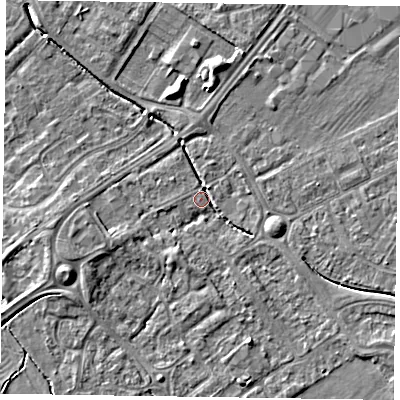 Shaded relief map of the ground around HP218PN, computed from Environment Agency LiDAR. The ground here sits at about 75 m above sea level and falls 5 m across the surrounding 800 m. Surface water reaching this point runs off ground lying to the west-south-west, 4.7 m higher.