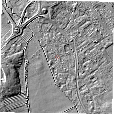Shaded relief map of the ground around HP218PR, computed from Environment Agency LiDAR. The ground here sits at about 76 m above sea level and falls 9 m across the surrounding 800 m. Surface water reaching this point runs off ground lying to the south-south-east, 2.3 m higher.