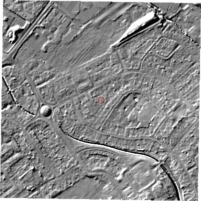 Shaded relief map of the ground around HP218RH, computed from Environment Agency LiDAR. The ground here sits at about 76 m above sea level and falls 8 m across the surrounding 800 m. Surface water reaching this point runs off ground lying to the east-north-east, 1.2 m higher.