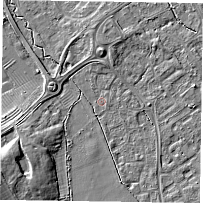 Shaded relief map of the ground around HP218UU, computed from Environment Agency LiDAR. The ground here sits at about 75 m above sea level and falls 10 m across the surrounding 800 m. Surface water reaching this point runs off ground lying to the south-south-east, 2.5 m higher.
