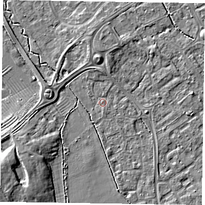 Shaded relief map of the ground around HP218UX, computed from Environment Agency LiDAR. The ground here sits at about 76 m above sea level and falls 10 m across the surrounding 800 m. Surface water reaching this point runs off ground lying to the south-west, 7.1 m higher.