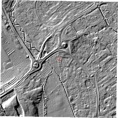 Shaded relief map of the ground around HP218UY, computed from Environment Agency LiDAR. The ground here sits at about 76 m above sea level and falls 11 m across the surrounding 800 m. Surface water reaching this point runs off ground lying to the south-west, 7.1 m higher.