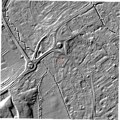 Shaded relief map of the ground around HP218UZ, computed from Environment Agency LiDAR. The ground here sits at about 75 m above sea level and falls 10 m across the surrounding 800 m. Surface water reaching this point runs off ground lying to the south-west, 7.1 m higher.