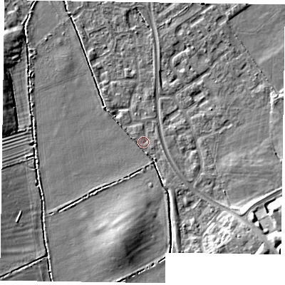 Shaded relief map of the ground around HP218YZ, computed from Environment Agency LiDAR. The ground here sits at about 77 m above sea level and falls 10 m across the surrounding 800 m. Surface water reaching this point runs off ground lying to the south-south-east, 3.2 m higher.