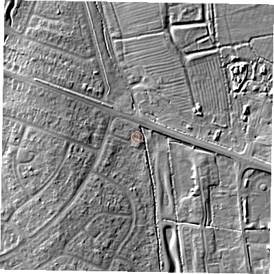 Shaded relief map of the ground around HP219BB, computed from Environment Agency LiDAR. The ground here sits at about 84 m above sea level and falls 9 m across the surrounding 800 m. Surface water reaching this point runs off ground lying to the south-south-west, 7.8 m higher.