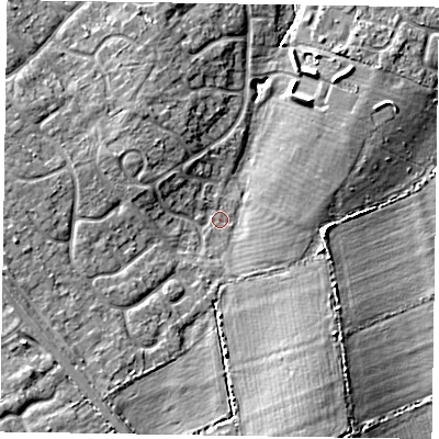 Shaded relief map of the ground around HP219TU, computed from Environment Agency LiDAR. The ground here sits at about 91 m above sea level and falls 9 m across the surrounding 800 m. Surface water reaching this point runs off ground lying to the west-south-west, 5.3 m higher.