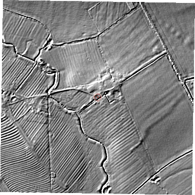 Shaded relief map of the ground around HP224AA, computed from Environment Agency LiDAR. The ground here sits at about 75 m above sea level and falls 4 m across the surrounding 800 m. Surface water reaching this point runs off ground lying to the north-east, 1.5 m higher.