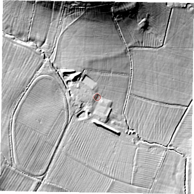 Shaded relief map of the ground around HP224AN, computed from Environment Agency LiDAR. The ground here sits at about 97 m above sea level and falls 31 m across the surrounding 800 m. Surface water reaching this point runs off ground lying to the north, 2.6 m higher.