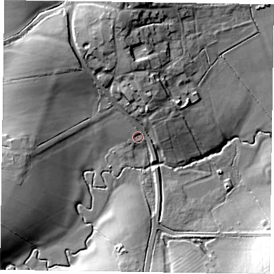 Shaded relief map of the ground around HP224DS, computed from Environment Agency LiDAR. The ground here sits at about 83 m above sea level and falls 20 m across the surrounding 800 m. Surface water reaching this point runs off ground lying to the north-north-west, 14.3 m higher.