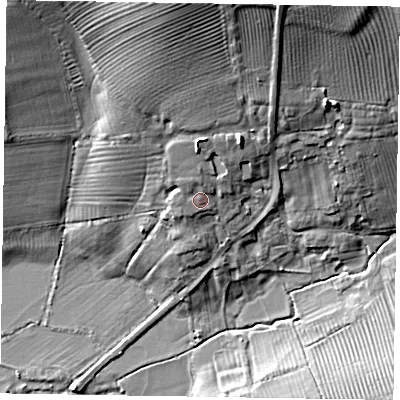 Shaded relief map of the ground around HP224QP, computed from Environment Agency LiDAR. The ground here sits at about 86 m above sea level and falls 24 m across the surrounding 800 m. Surface water reaching this point runs off ground lying to the north-north-west, 1.9 m higher.