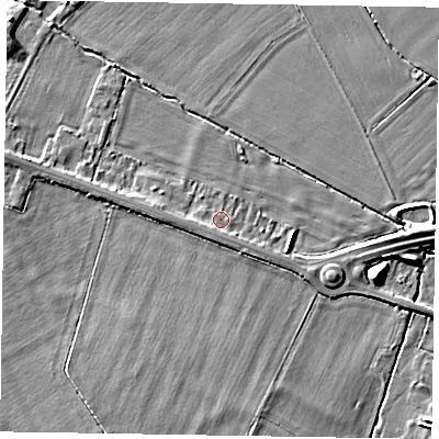 Shaded relief map of the ground around HP225AD, computed from Environment Agency LiDAR. The ground here sits at about 86 m above sea level and falls 7 m across the surrounding 800 m. Surface water reaching this point runs off ground lying to the south, 1.3 m higher.