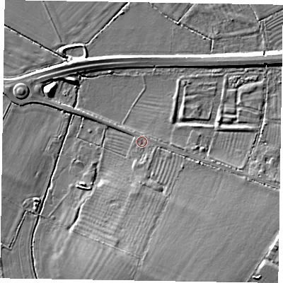 Shaded relief map of the ground around HP225AG, computed from Environment Agency LiDAR. The ground here sits at about 88 m above sea level and falls 10 m across the surrounding 800 m. Surface water reaching this point runs off ground lying to the south-east, 7.7 m higher.