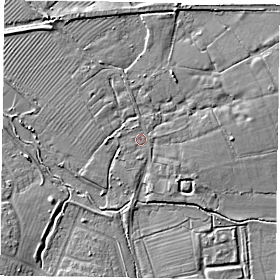 Shaded relief map of the ground around HP225AW, computed from Environment Agency LiDAR. The ground here sits at about 82 m above sea level and falls 6 m across the surrounding 800 m. Surface water reaching this point runs off ground lying to the east, 3.0 m higher.