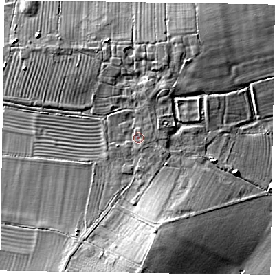Shaded relief map of the ground around HP225AX, computed from Environment Agency LiDAR. The ground here sits at about 83 m above sea level and falls 11 m across the surrounding 800 m. Surface water reaching this point runs off ground lying to the south-south-east, 1.1 m higher.