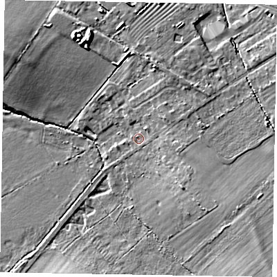 Shaded relief map of the ground around HP225EP, computed from Environment Agency LiDAR. The ground here sits at about 92 m above sea level and falls 10 m across the surrounding 800 m. Surface water reaching this point runs off ground lying to the east-north-east, 2.4 m higher.