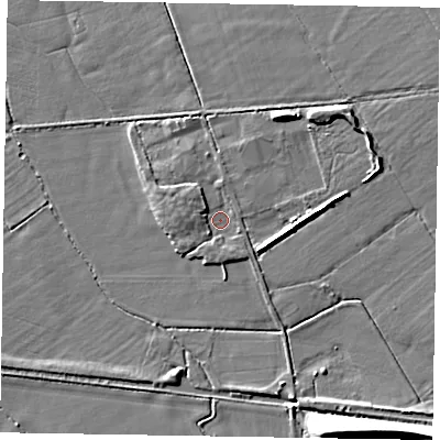 Shaded relief map of the ground around HP225EZ, computed from Environment Agency LiDAR. The ground here sits at about 83 m above sea level and falls 11 m across the surrounding 800 m. Surface water reaching this point runs off ground lying to the north-west, 1.6 m higher.